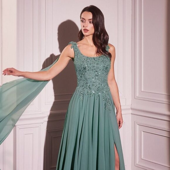 NEW FORMAL A-LINE CHIFFON DRESS W/ LACE APPLIQUE EMBROIDERY & SCOOP NECK CDS509